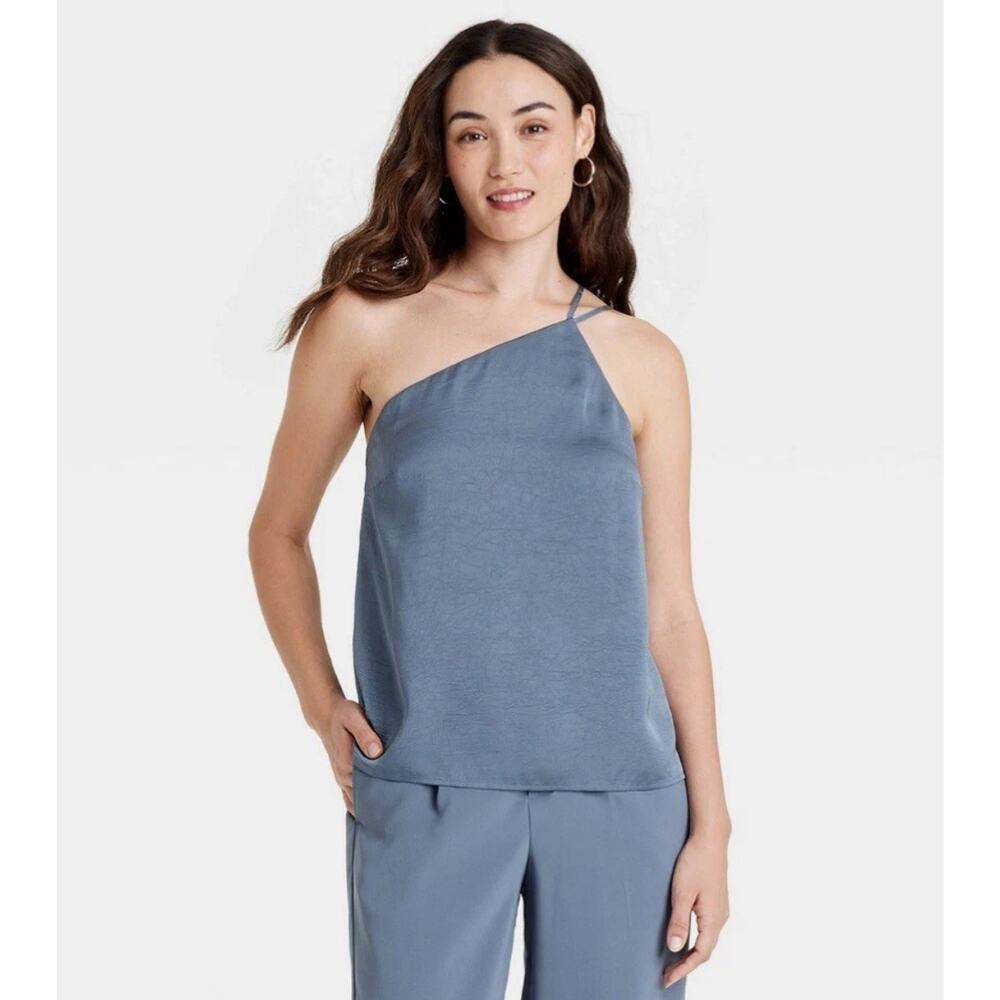 A New Day One Shoulder Satin Top Blue Women’s XS New